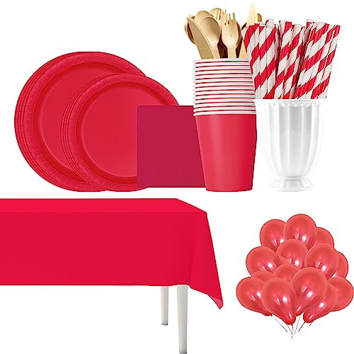 WedDecor Juego de vajilla de papel rojo de 256 piezas que incluye platos de papel, globos, tazas, cubiertos, servilletas, popotes para cumpleaños, barbacoa, boda, jardín, picnic, decoración de fiesta