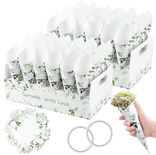 VORHOT 60 Stück Reis-Kegel, Kraftpapierkegel mit 2 Behältern für Papiertüten für Hochzeiten und Partys, Konfetti-Kegel zur Dekoration, Blätter