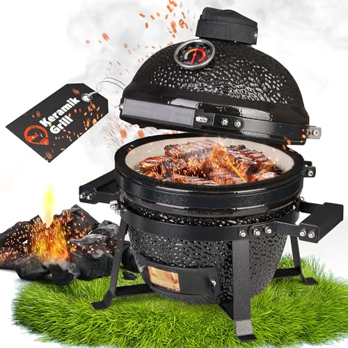 GLAMPmania Keramikgrill Kamado Grill SET für 2 Personen - Grilllrost Ø25cm I Smoker Grill I Campinggrill, BBQ, Holzkohlegrill für Camping Garten Balkon - Jetzt Holen und Genießen