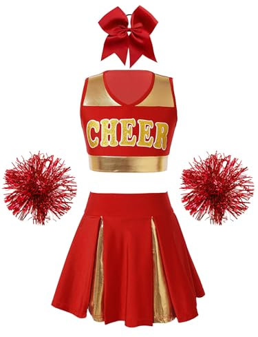 Nyeemya Mädchen Cheerleadering Kostüm Kinder Cheer Uniformen mit Pompoms und Kopfschmuck Fasching Party Kostüm B Rot 110-116