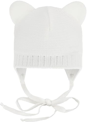 CiuchCiuch Baby Mütze Bär zum Binden mit Ohren - Wintermütze Erstlingsmütze Bindebänder - Acryl Baumwollfutter Neugeborenen 0-24 Monate - Ergonomische Zweilagige Strickmütze