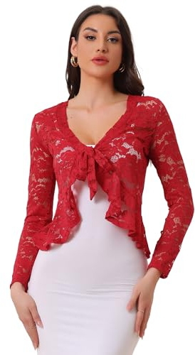 Allegra K Damen Spitzenbolero Langarm Bolero Durchsichtig Rüschensaum Crop Blumen Shrug | Eleganter Bolero mit floraler Spitze, für Hochzeitsgäste, eleganter formeller Bolero, für Abendkleider