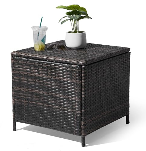 VINGLI Outdoor Side Table with Storage, 27-Gallon Patio Deck Box Outdoor Wicker Side Table for Poolside Balcony Storage Table (Brown, Square)
