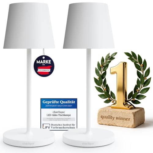 charlique® LED Akku Tischleuchte - kabellos, 2er Set, weiß, 28 cm dimmbar, Alu