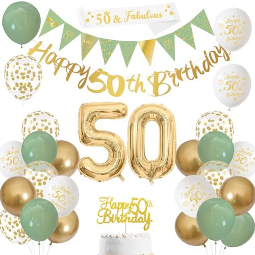 Happy 50th Birthday Decorations Banners Balloon for Women Sage green | Banners, Balloons, Cake Topper, Sash, Bunting, Flags, Number Helium Balloons