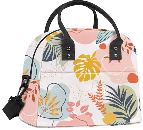 Clastyle Bolsa Termica Porta Alimentos Mujer Hojas de Plantas Bolsa Almuerzo Adulto Reutilizables con Correa, Bolsa Comida Trabajo Hoguera para Viaje Picnic,Flor Boho