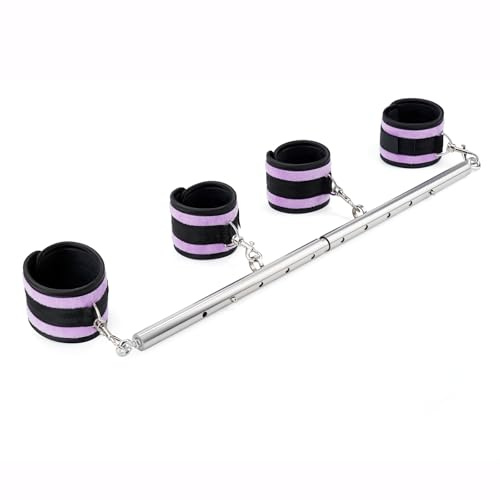 Spreader Bar Heavy Duty Stainless Steel Expandable Silver Bar Home Gym with 4pcs Furry Purple Adjustable Straps,Sports Aid Training Fitness Gear Pilates Aid Kit (Silver+Purple Furry Kit)