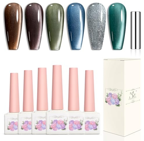 Adhere 6 ojos de gato de 12 ML empapados en esmalte de uñas de gel LED ultravioleta, ojos de gato blancos brillantes, color brillante de diamante magnético brillante, con imán