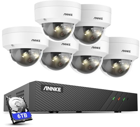 ANNKE Sistema fotografico PoE da 3 K/5 MP, NVR a 8 canali con HDD da 6 TB per registrazione 24/7 e 6 telecamere di sorveglianza 3 K con rilevamento persone/veicolo, spotlights, IP67 impermeabile