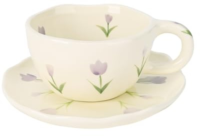 Koythin Taza de café de cerámica con platillos, tazas de flores hechas a mano, bonita taza para niñas y mujeres, taza de té y leche estética con asa, 250 ml para café con leche, cacao, oficina, hogar