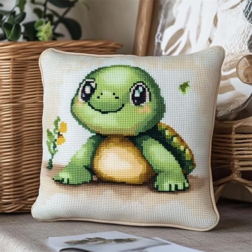 Taxpy DIY Knüpfhaken-Set, Kissenbezug, Cartoon-Schildkröte Latch Hook Kissen Kit, Knüpfkissen Set Anfänger Erwachsene zum Selber Knüpfen, Knüpfteppich Knüpfpackung, 43x43cm