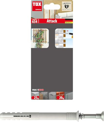 TOX Nageldübel Attack 6/80 mit Dübel 6 x 80 mm und Nagelschraube 4 x 85 mm M, für Befestigungen von Holzbauteilen in Voll- und Lochstein, 8 Stück, 017702171