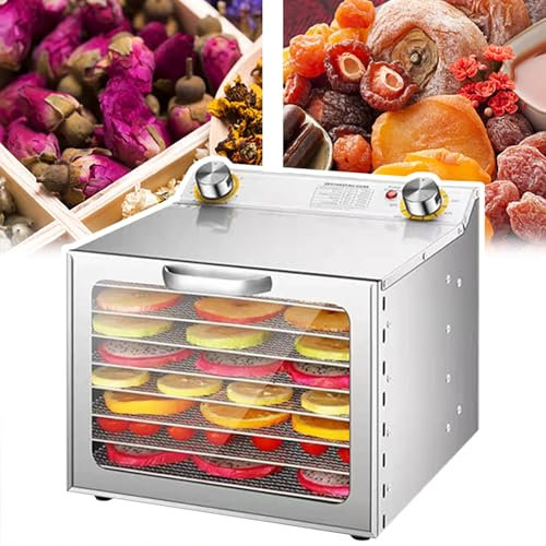 Deshidratador de Alimentos de Acero Inoxidable 6/8/12 (400 W), liofilizador, Tiempo de Secado: 0-12 Horas + Temperatura: 35-90 °C, Espacio Entre Capas: 2,5 cm + Ventilador Integrado, para Fruta, 8 c