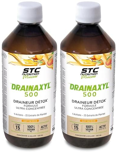 STC Nutrition Drainaxyl 500 silhouette fine & élimine l'eau 2x500 ml | Goût Thé Pêche, elim'Real®, thé vert, guarana, artichaut, pissenlit, bouleau et vigne rouge, routine minceur