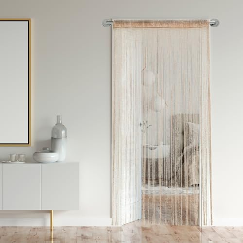1PCS Fly Net Screen Door Curtain,Glitter Door Wall Window Fly Screen Curtain,Tassel Ribbon Strip Net,Window Fringe Room Divider Panel for Bedroom Living Room Party Events (Champagne Gold)