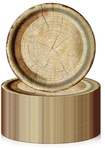GOEDCH Lot de 50 assiettes de fête : assiettes en carton rustiques rondes Ø 22,4 cm, assiettes rondes, assiettes à dessert, accessoires de camping, assiettes en bois pour décorations de fête rustiques
