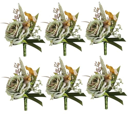 Muzrunq Boutonniere für Männer, Salbeigrüne Rose, Bräutigam-Boutonniere mit Nadel und Clip, 6 Stück, 8, 9 x 14 cm, dekorative Ansteckblume für Hochzeit, Abschlussball, Jahrestag