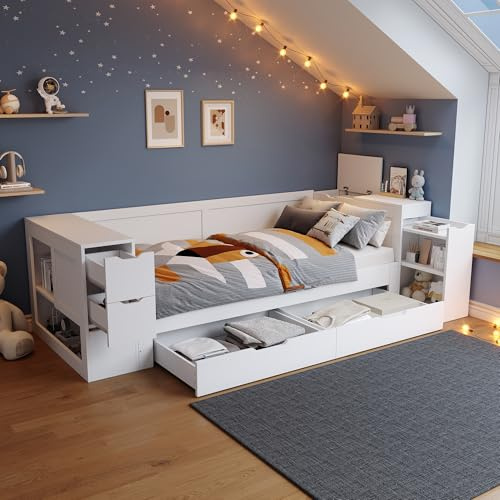 Gxffipw Tagesbett 90x200 cm mit Schubladen und Regalen, Schlafsofa Bett mit Stauraum, Holzbett Bettgestell mit Lattenrost, Weiß, Ohne Matratze