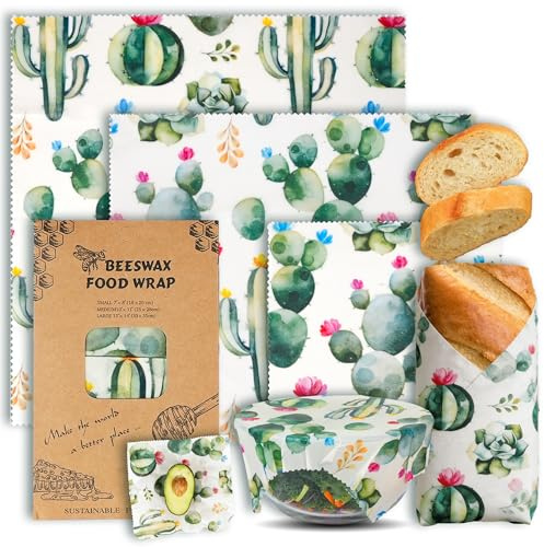 VeraGrid Reusable Beeswax Food Wraps (3-Pack) – Plastic-Free, Organic Cotton Covers with Cactus Pattern – Perfect for Sandwiches, Cheese, Fruit, Bowls & Bread – S/M/L Sizes
