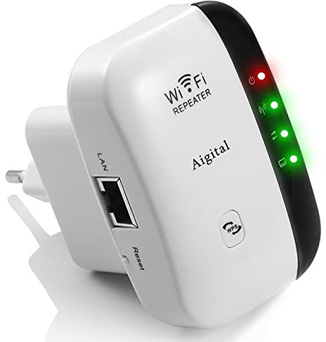 Repetidor de Red WiFi Extensor Amplificador de Wi-Fi más de 120 Metros, Configuración WPS con un Toque, 2 Puerto Ethernet, 300 Mbps, 2.4GHz, Compatible con los Routers y ADSL/Fibra