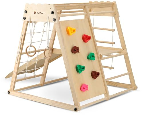 DERYAN Luxury Wooden Climbing Frame for Toddlers - Kids (3-8 Years) Jungle Gym for Indoor & Outdoor Use - Folding 12-in-1 Wooden Slide, Climbing Wall, Gym Rings, Rope Ladder and Climbing Net