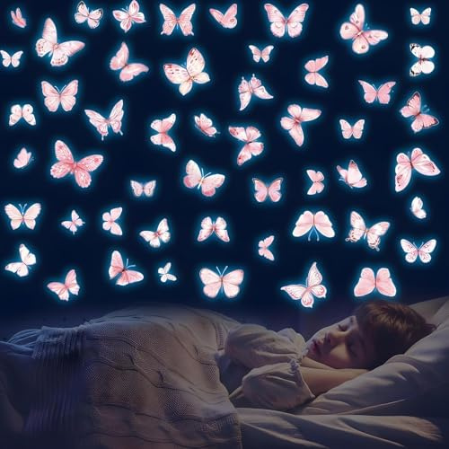 3 Blätter/60 Stück Leuchtend Schmetterlinge Wandtattoo, Rosa Leuchtsticker Kinderzimmer, Schmetterling Fluoreszierende Aufkleber, Glow In The Dark Sticker für Mädchen Jungen Schlafzimmer Wohnzimme