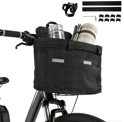 SGZIOO Cykelkorg fram, vikbar vattentät cykelkorg, cykelstyrekorg med snabbmonteringshållare, avtagbar cykelkorg fram styrkorg för små hundar, shopping, picknick (svart)