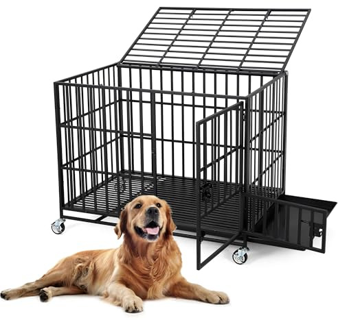 137cm Schwerlastige Metall-Hundebox Mit 3 Türen, Fluchtsicherer Hundekäfig Für Innen Mit Ablageboden Und Rädern, Extra Großer Hundehütte Für Große Und Mittelgroße Hunde, Leicht Zu Reinigen (Schwarz)