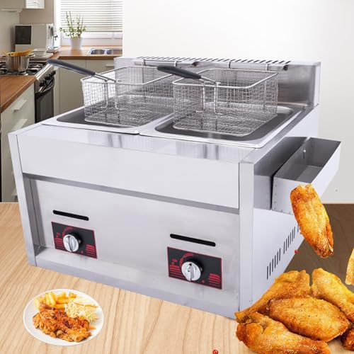 Friggitrice a gas commerciale – Doppio serbatoio con capacità di 10 l, in acciaio inossidabile, grande capacità per cucinare patatine fritte in cucina di casa o ristorante
