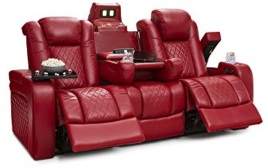 Seatcraft Anthem Home Theater Seating - Italian Leather - Power Recline Sofa - Fold-Down Table - Powered Headrests - Arm Storage - USB Charging - Cup Holders, Red