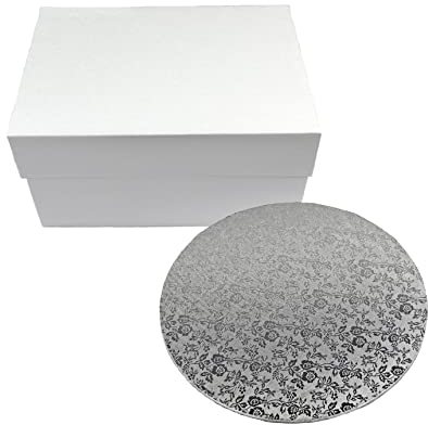 Miss Bakery's House® Cake Box e pannello MDF - set - scatola da trasporto 30x30x15 cm - bianco - con base per torta rotonda stabile in fibra di legno - Ø 30 cm - rivestita in argento