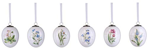 kleine weiße Porzellan Deko Eier - bunte Motiv-Eier mit Blumen bedruckt 5.5 x 7.5 cm zum Aufhängen - 6-teiliger Oster- oder Frühlingsschmuck für Bäume, Sträucher, Fenster oder Türen