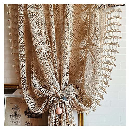 XIAOYUE Boho Style Vintage Bistrogardine, Beige Hohle Häkeln Lace Drapierung, American Ländlichen Stil Blackout Küchengardinen (Color : A, Size : W170*H215CM(W67*H85inch))