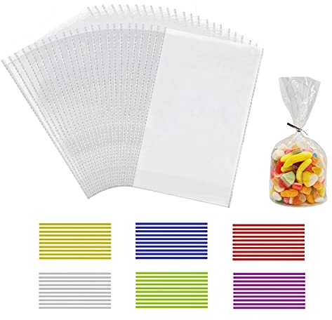 laeeyin 100 Stück Durchsichtige Cellophantüten groß 25x15 cm Süßigkeiten Geschenkbeutel mit 100 bunten Krawatten Geeignet klarsichttüten für Süssigkeit Chocolate Brot