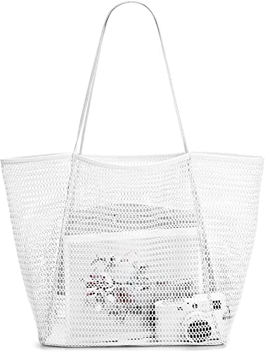 Voarge Mesh Tote Bag, Extra Large Tote Bags for Women, White, XL, Zippered Pocket, Foldable, Lightweight, Spring/Summer, Beach Trips, Picnics, Travel, Camping, Families, Outdoor Enthusiasts
