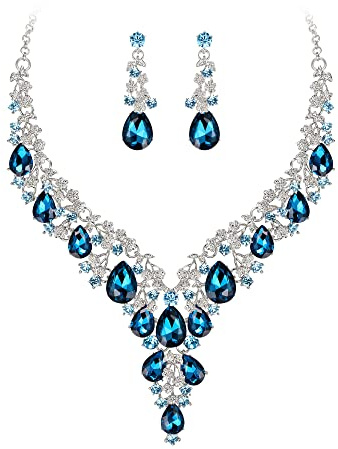 Clearine Parure Bijoux Femme Mariage Cristal Strass Multi Fleurs Gouttes d'eau Collier et Boucles d'oreilles Bleu Clair Ton d'argent