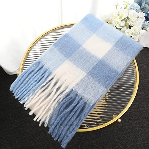 WLLDDDIU Schal,Winterschals Blau Weiß Weicher Warmer Schal Dicke Decke Quaste Gitter Patchwork Kaschmir Fühlen Schal Lang Groß Winterschal Trendige Stola Schals Für Frauen Mädchen