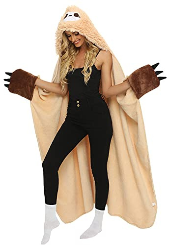 Queenshin Sloth Wearable Blanket Hoodie,Oversized Comfy Body Blanket Christmas Gifts for Adults Women Men,Warm Cozy Hooded Animal Throw Cloak Wrap with Claws