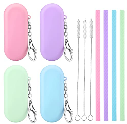 Prasacco 4 Sets Silicone Straws Reusable Straws with Case Foldable Straws Portable Drinking Straws for Travel Party