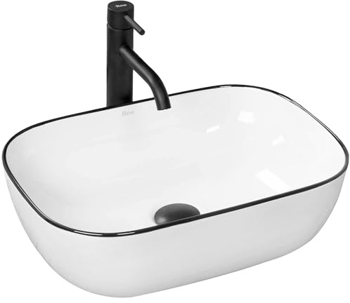 Rea Aufsatzwaschbecken, Marmor Waschtisch Handwaschbecken Waschschale Waschbecken für Badezimmer aus hochwertiger Keramik, 465 x 330 x 135 mm (weiß/schwarz)