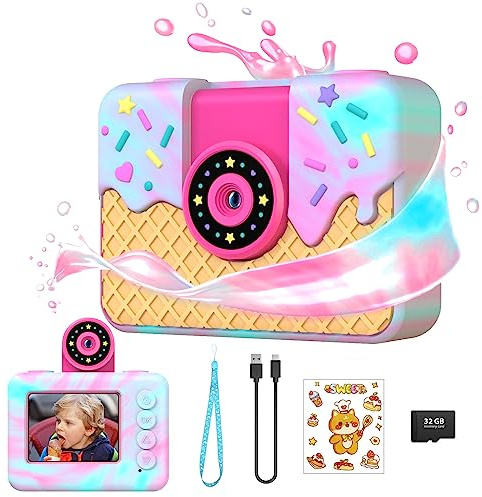 Ushining Appareil Photo Enfants, 1080P Selfie Caméra Vidéo Enfant 10X Zoom Appareil Photo Numérique Enfant avec Écran 2,0 Pouces Carte TF 32 Go, Cadeau pour Garçons et Filles 3-12 Ans, Crème Glacée
