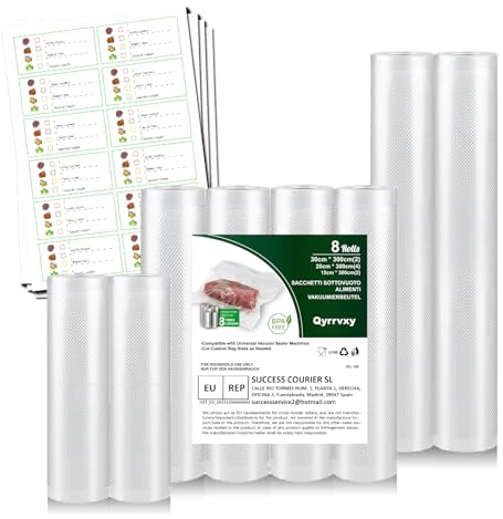 Vakuumbeutel Lebensmittel - 8 Rollen Vakuumierfolie 30(2)/20(4)/15(2) x 300cm, BPA-frei Vakuumierbeutel für alle Vakuumierer, Kochfest, Sous Vide, Mehrweg, Inkl. Vier Sticker Aufnahmezeit
