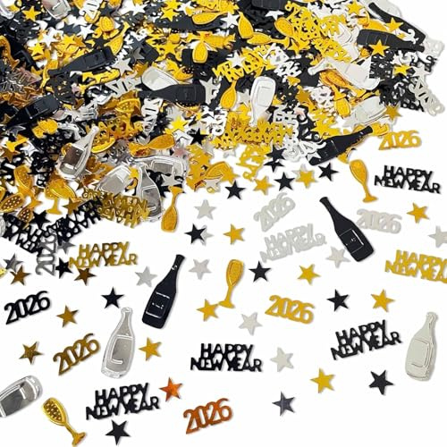 BURGEON Silvester Deko 2026 Konfetti Gold Schwarz, Streudeko Happy New Year Deko, Konfetti für 2026 Neujahr, Glitzer Tischdeko Party Dekoration für Neujahr Karneval Party