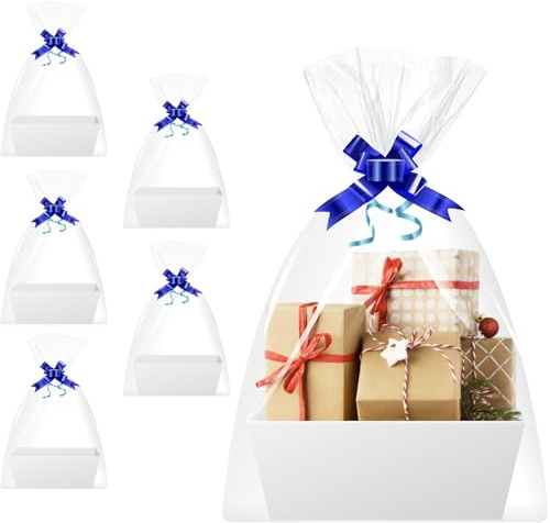 Geschenkkörbe Leer 5er Set Weiß mit Folie & Schleifen aus Pappe | Komplettset mit 5 Geschenkkörben, Schrumpffolie und Schleifen – sofort befüllbar für Geschenke zu jedem Anlass
