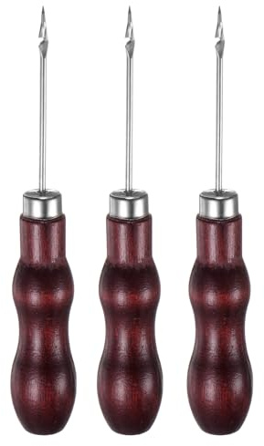 sourcing map 3pcs Handwork Sewing Awl Double Gourd Hook Head Awl Leather Punch Hole Tool with Wooden Handle Scratch for Broken Wire Drilling Stitching Repair and DIY Handmade, Rosewood Color