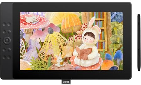 ugee Grafiktablett mit Display, UE16 FHD IPS 15.4 Zoll Grafiktabletts mit 143% sRGB Bildschirm, 16K Stufen Batterie-freiem Stylus, 8 physische Hotkeys und EIN rundes Rad