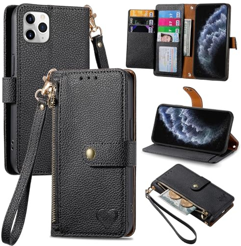 VEEMOS Handyhülle für Apple iPhone 11 Pro Hülle Klappbar Klapphülle Schutzhülle mit Kartenfach RFID Reißverschluss Handy Tasche Leder Flip Case Cover Handytasche Frauen - Schwarz