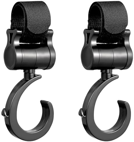 2 Pack Buggy Clips with 360° Rotation – Universal Pram Hooks for Shopping Bags, Handbags & Nappy Bags – Strong ABS Stroller Hooks for Pushchairs, Wheelchairs & Bikes, Black
