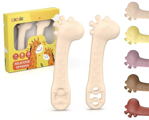 akolik Esslernlöffel für Baby, Weiche Silikon Breilöffel, Lernlöffel, BPA-frei, Babylöffel BLW, Giraffen Einsteiger Besteck, Fütterlöffel und Beißhilfe für Kinder ab 4-6+ Monaten