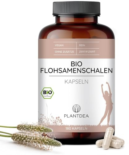 Bio Flohsamenschalen Kapseln - 3000mg Psyllium Husk Pulver in nur 6 Kapseln täglich -180 vegane Kapseln - Bio zertifiziert - Glutenfrei - PlantDEA